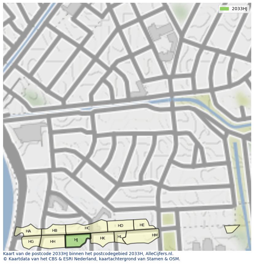 Afbeelding van het postcodegebied 2033 HJ op de kaart.