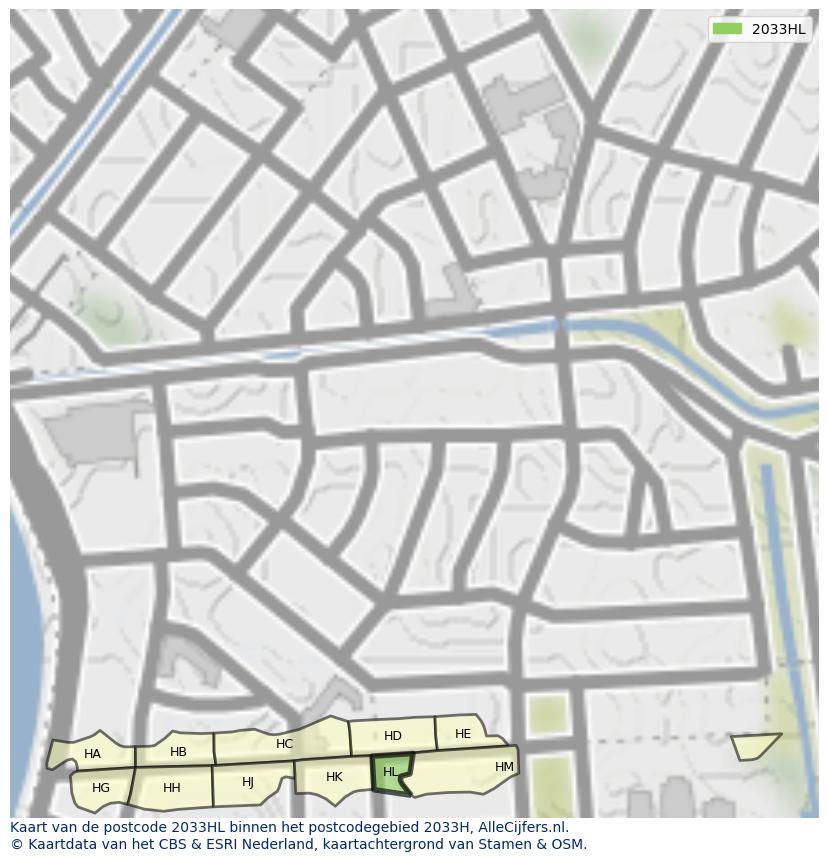 Afbeelding van het postcodegebied 2033 HL op de kaart.