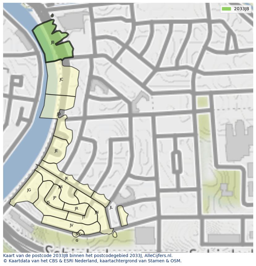 Afbeelding van het postcodegebied 2033 JB op de kaart.