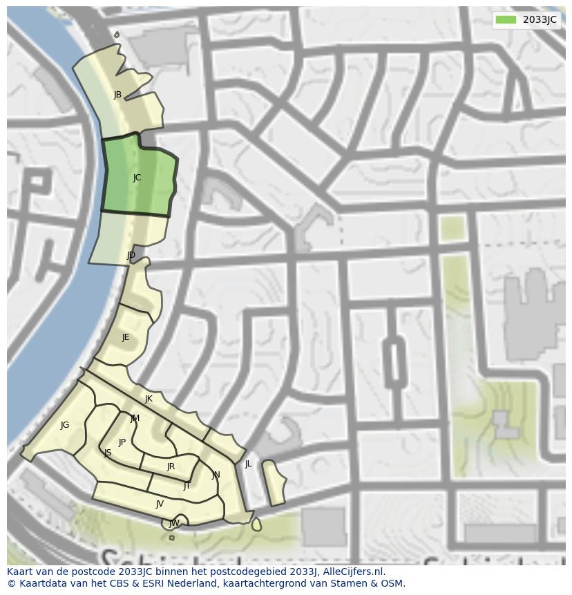 Afbeelding van het postcodegebied 2033 JC op de kaart.
