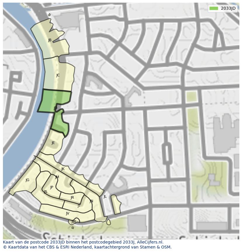 Afbeelding van het postcodegebied 2033 JD op de kaart.