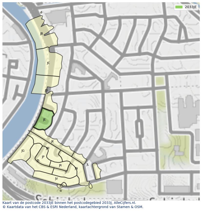 Afbeelding van het postcodegebied 2033 JE op de kaart.