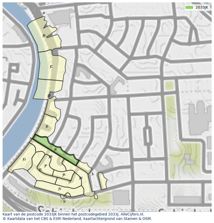 Afbeelding van het postcodegebied 2033 JK op de kaart.