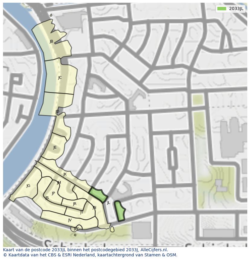 Afbeelding van het postcodegebied 2033 JL op de kaart.