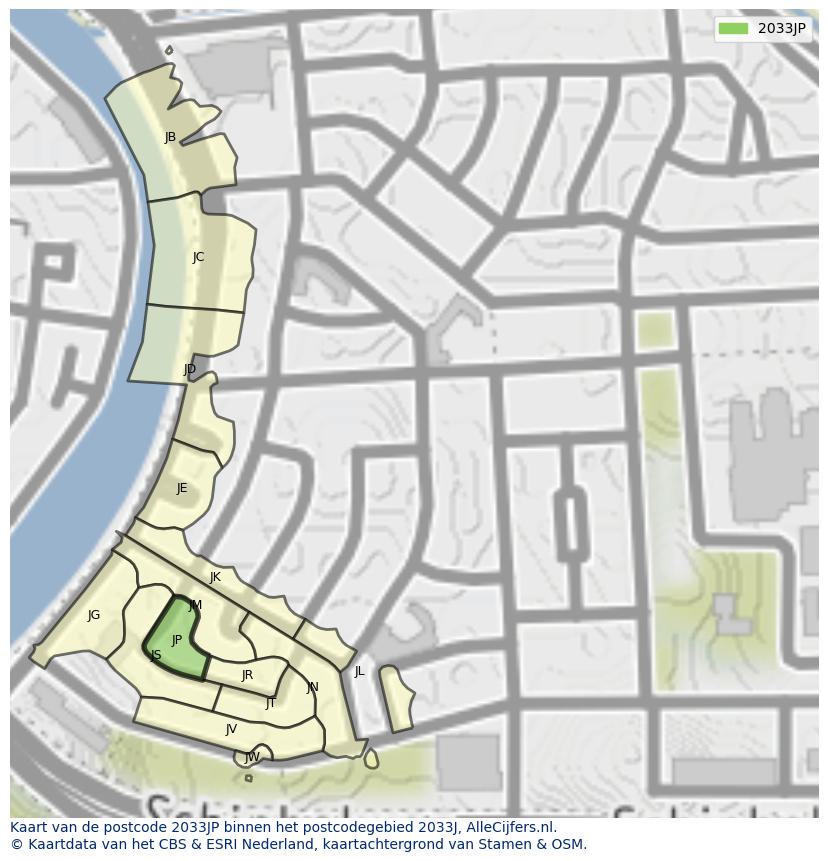 Afbeelding van het postcodegebied 2033 JP op de kaart.