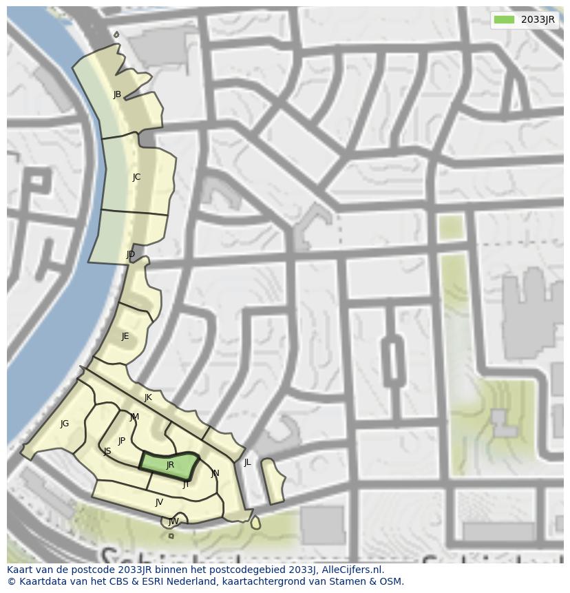 Afbeelding van het postcodegebied 2033 JR op de kaart.