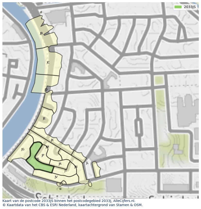 Afbeelding van het postcodegebied 2033 JS op de kaart.