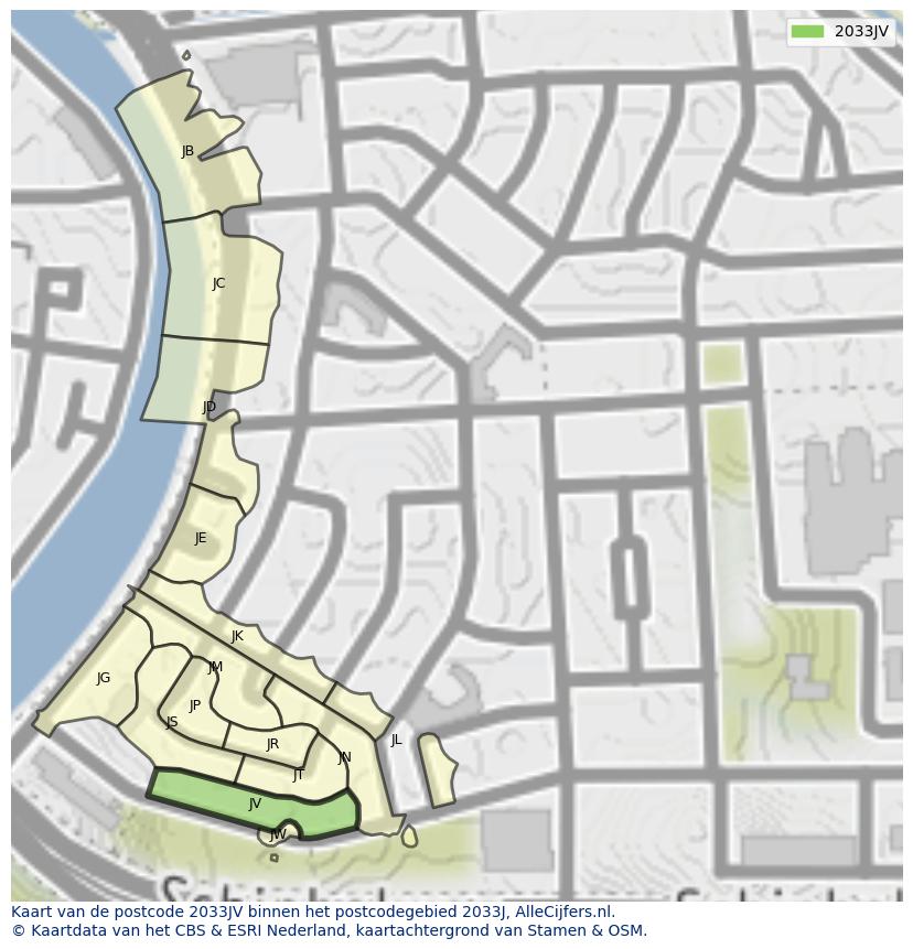 Afbeelding van het postcodegebied 2033 JV op de kaart.