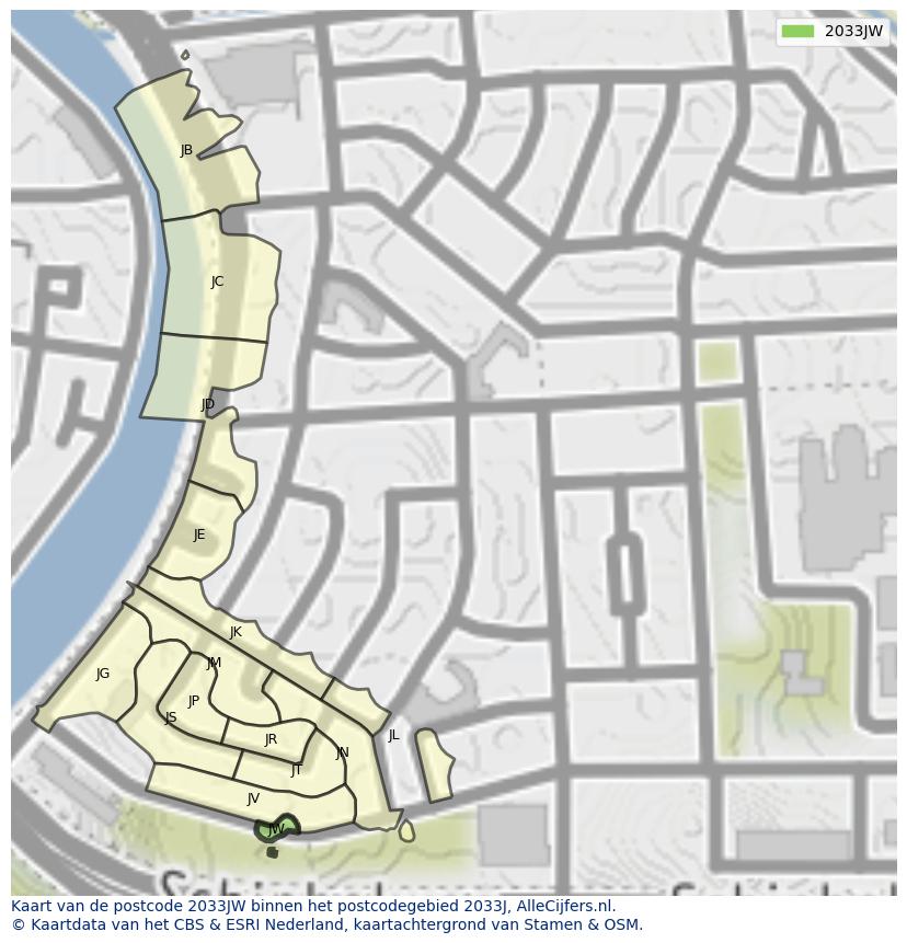 Afbeelding van het postcodegebied 2033 JW op de kaart.