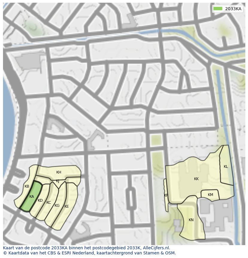 Afbeelding van het postcodegebied 2033 KA op de kaart.