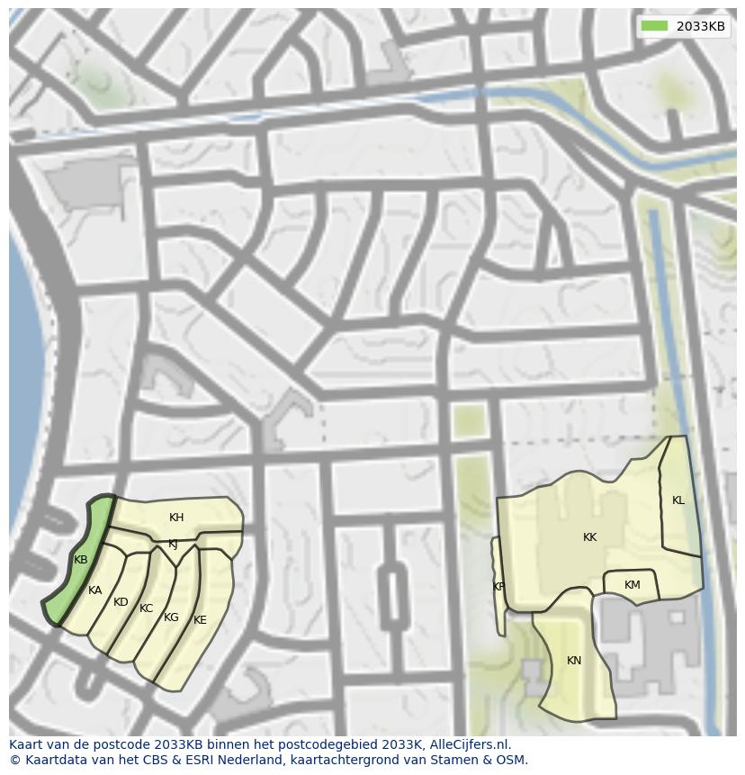Afbeelding van het postcodegebied 2033 KB op de kaart.
