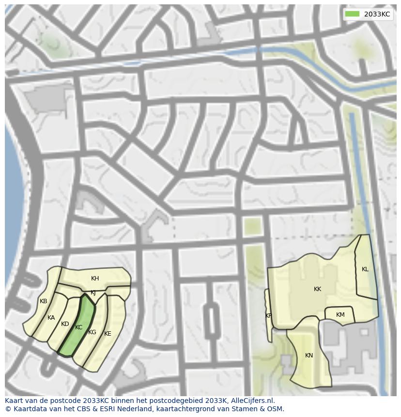 Afbeelding van het postcodegebied 2033 KC op de kaart.