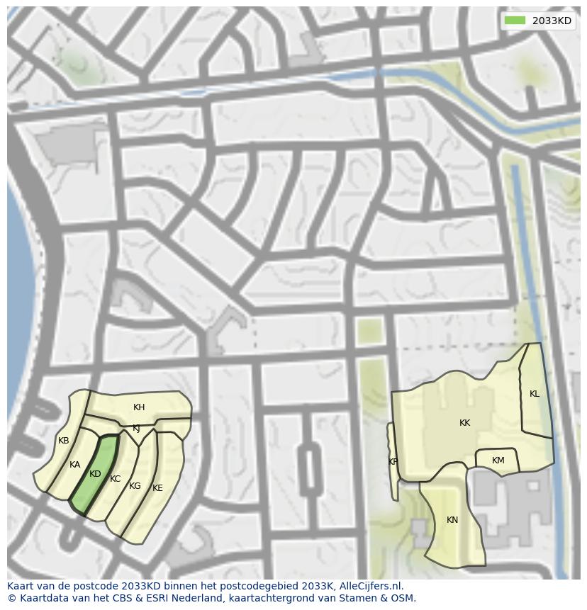 Afbeelding van het postcodegebied 2033 KD op de kaart.