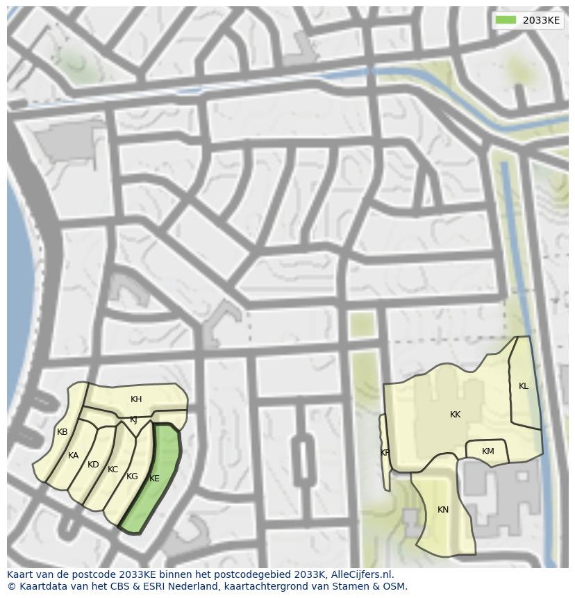 Afbeelding van het postcodegebied 2033 KE op de kaart.