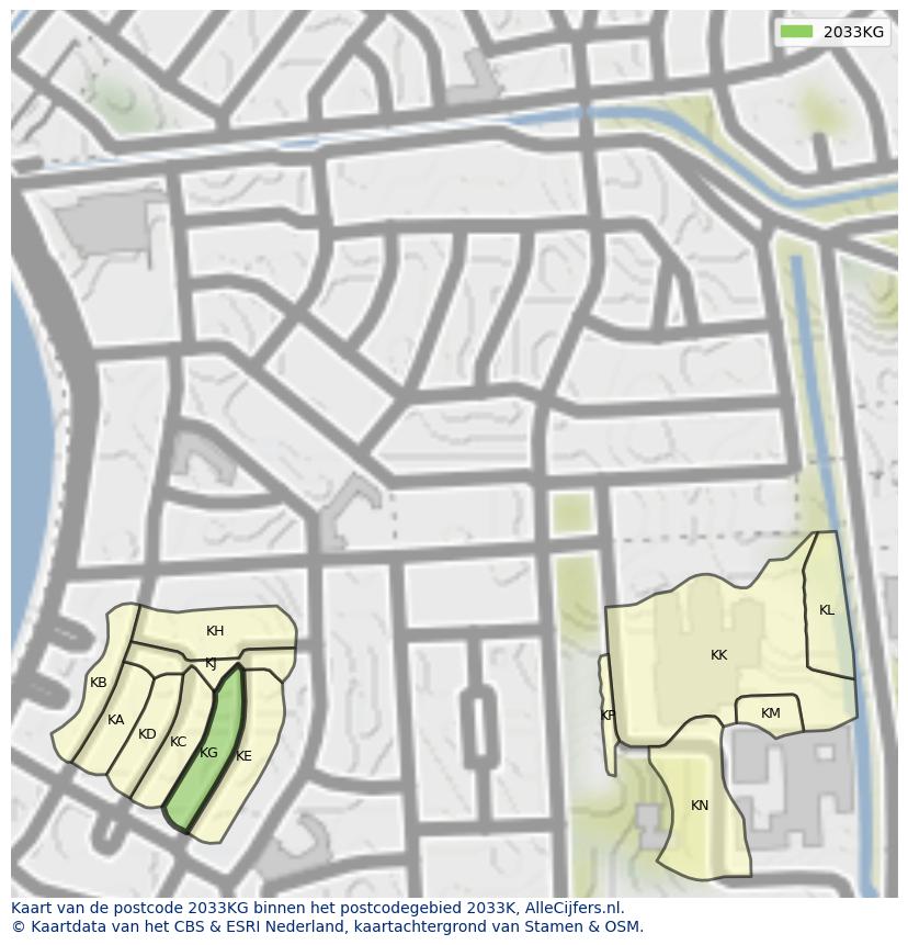 Afbeelding van het postcodegebied 2033 KG op de kaart.