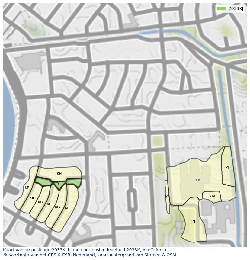 Afbeelding van het postcodegebied 2033 KJ op de kaart.