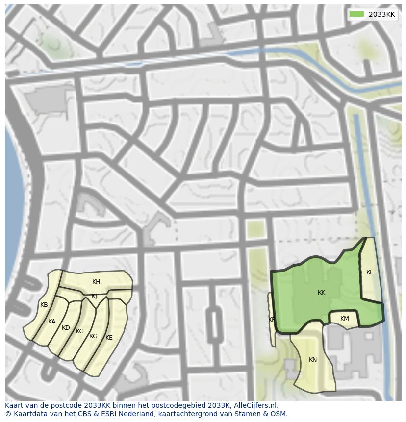 Afbeelding van het postcodegebied 2033 KK op de kaart.