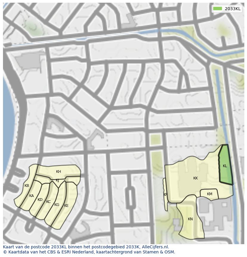 Afbeelding van het postcodegebied 2033 KL op de kaart.