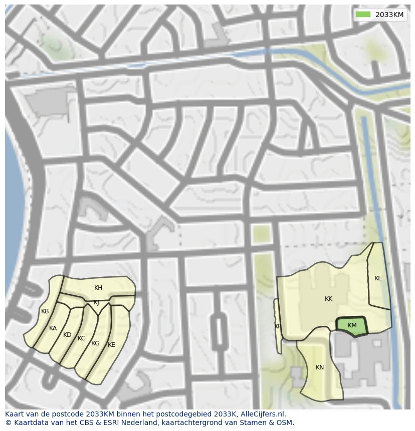 Afbeelding van het postcodegebied 2033 KM op de kaart.