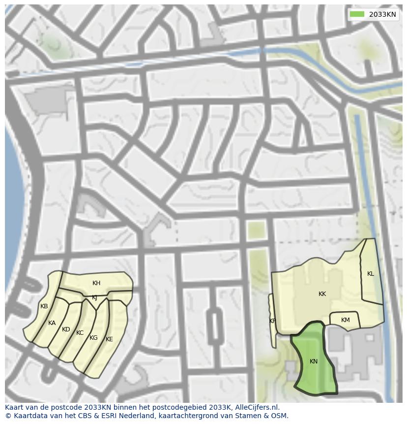 Afbeelding van het postcodegebied 2033 KN op de kaart.