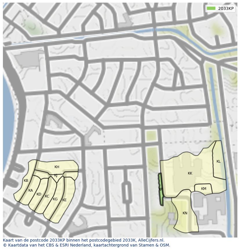 Afbeelding van het postcodegebied 2033 KP op de kaart.