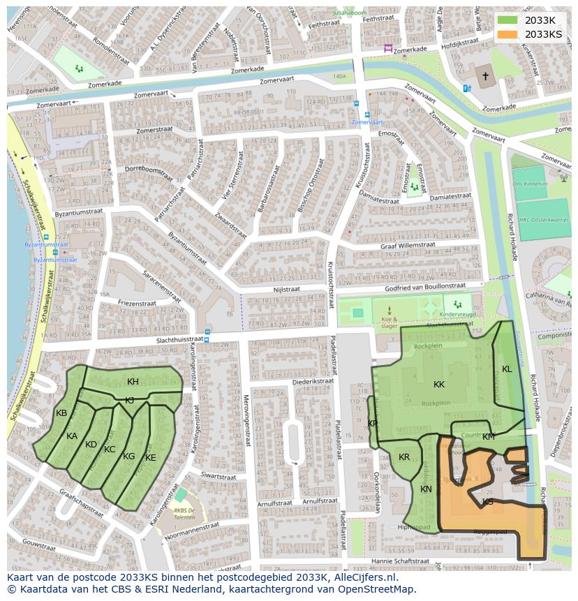 Afbeelding van het postcodegebied 2033 KS op de kaart.