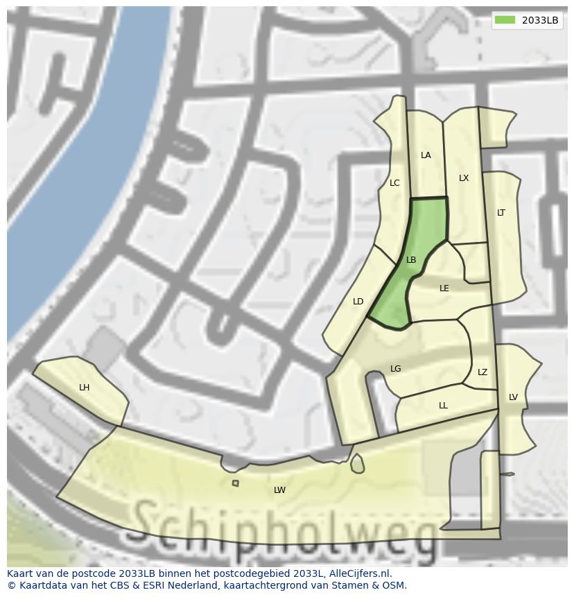 Afbeelding van het postcodegebied 2033 LB op de kaart.