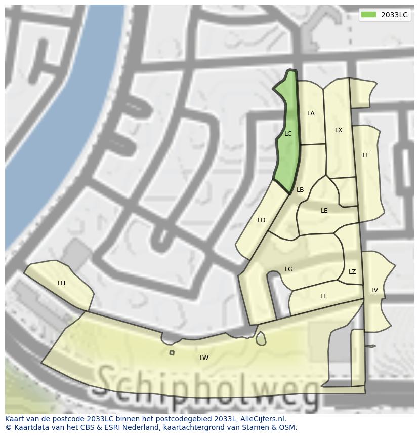 Afbeelding van het postcodegebied 2033 LC op de kaart.