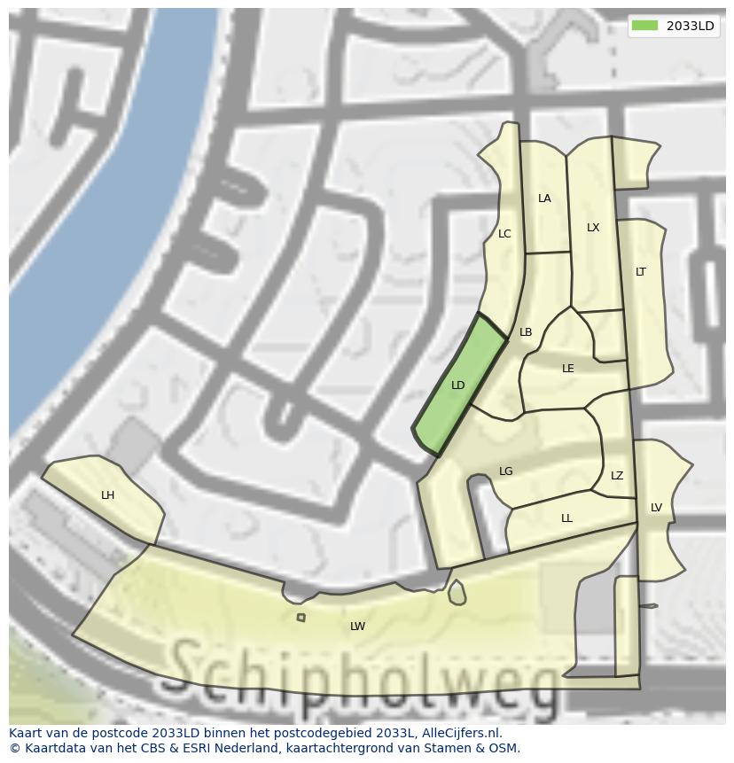 Afbeelding van het postcodegebied 2033 LD op de kaart.