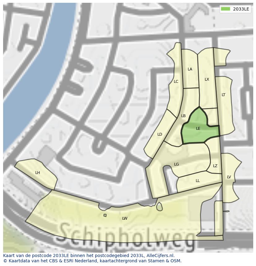Afbeelding van het postcodegebied 2033 LE op de kaart.