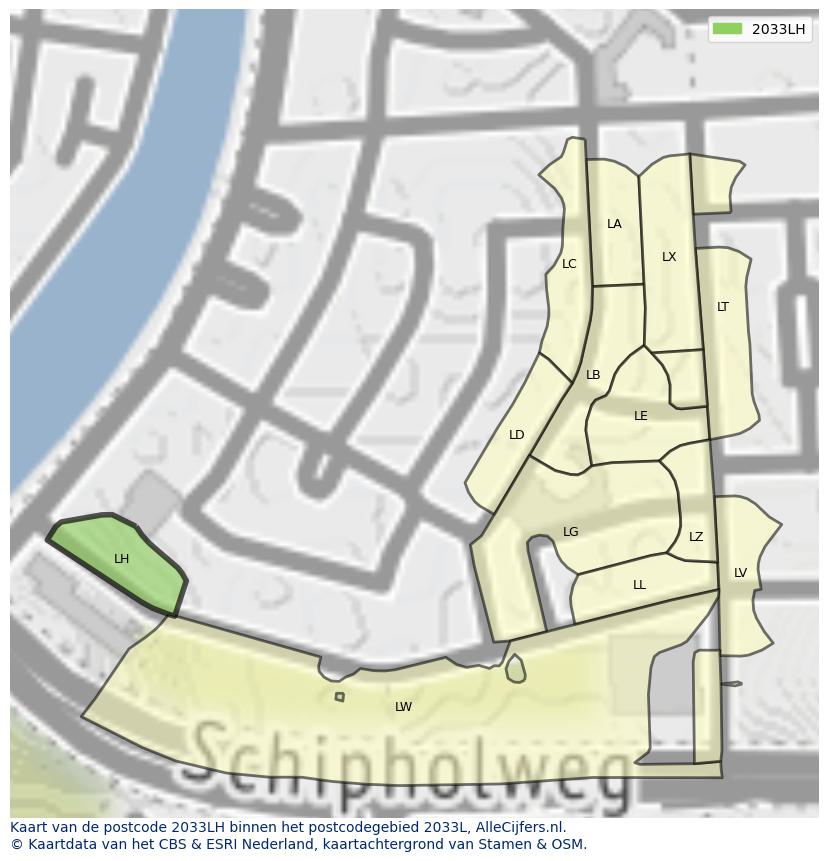 Afbeelding van het postcodegebied 2033 LH op de kaart.