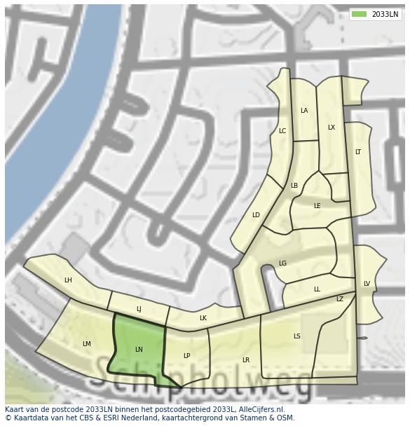 Afbeelding van het postcodegebied 2033 LN op de kaart.