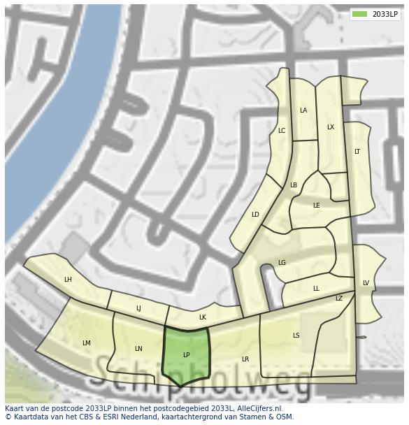 Afbeelding van het postcodegebied 2033 LP op de kaart.