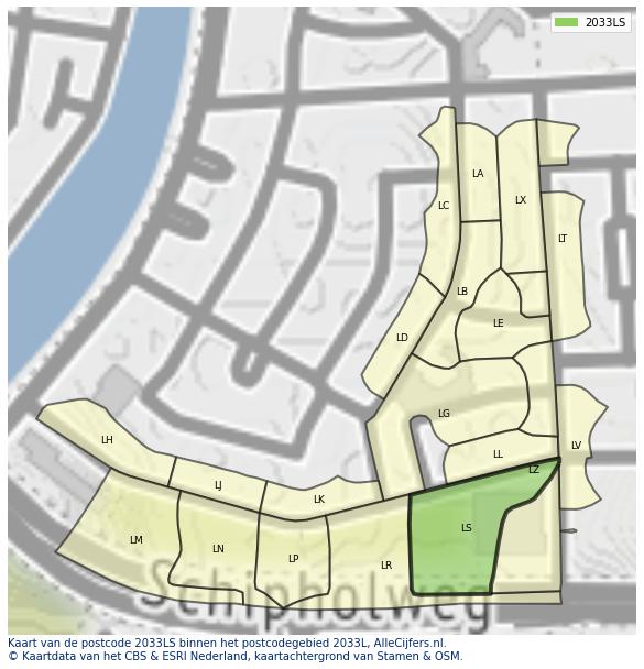 Afbeelding van het postcodegebied 2033 LS op de kaart.
