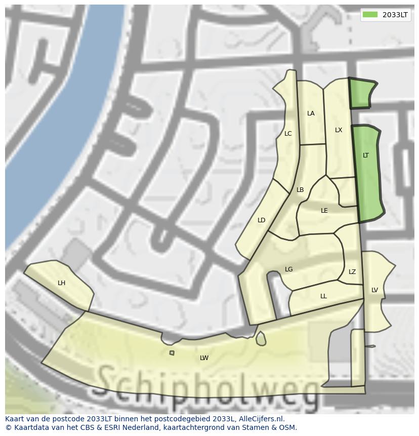 Afbeelding van het postcodegebied 2033 LT op de kaart.