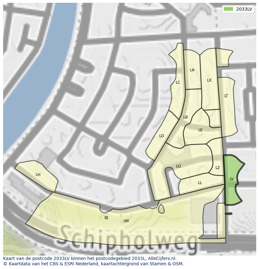 Afbeelding van het postcodegebied 2033 LV op de kaart.