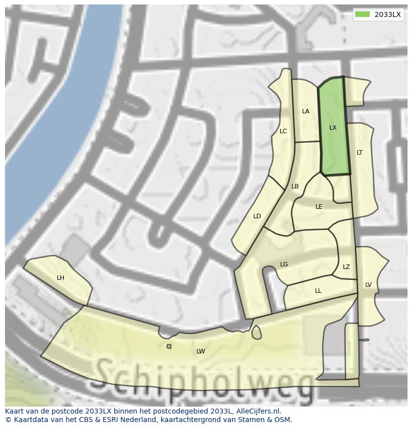 Afbeelding van het postcodegebied 2033 LX op de kaart.