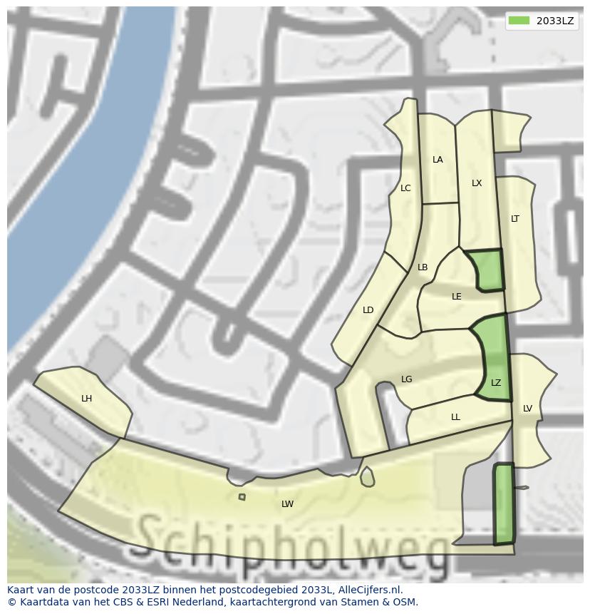 Afbeelding van het postcodegebied 2033 LZ op de kaart.
