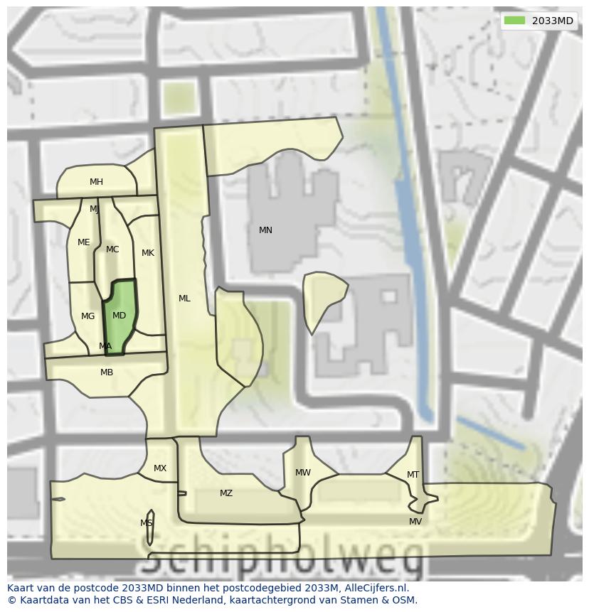 Afbeelding van het postcodegebied 2033 MD op de kaart.