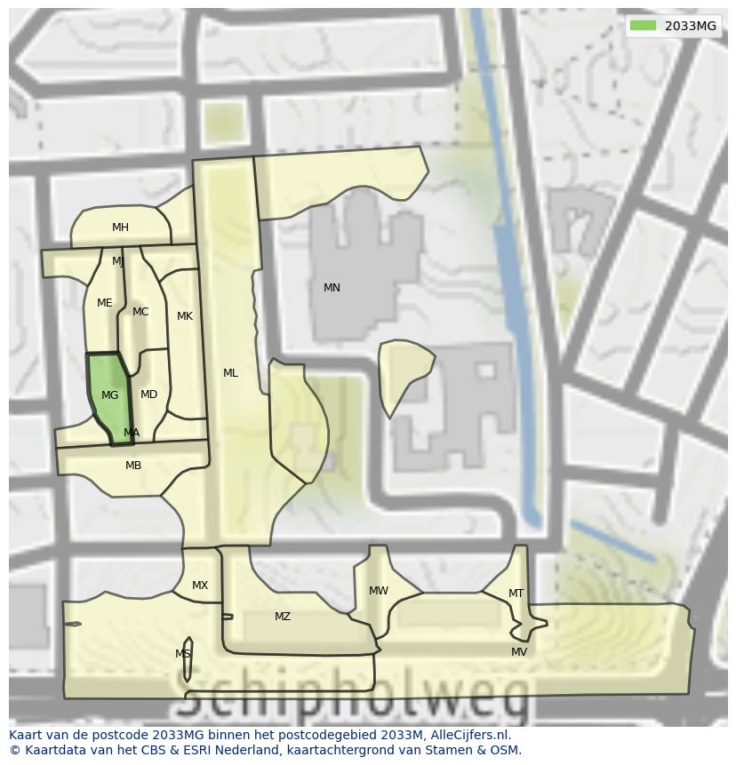 Afbeelding van het postcodegebied 2033 MG op de kaart.