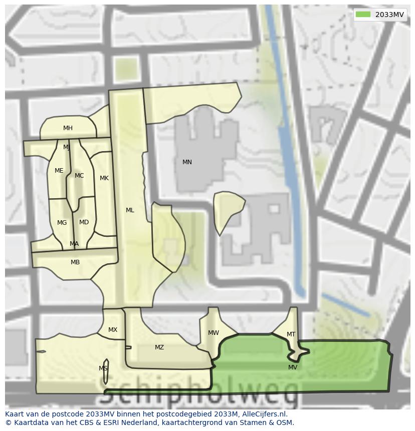 Afbeelding van het postcodegebied 2033 MV op de kaart.