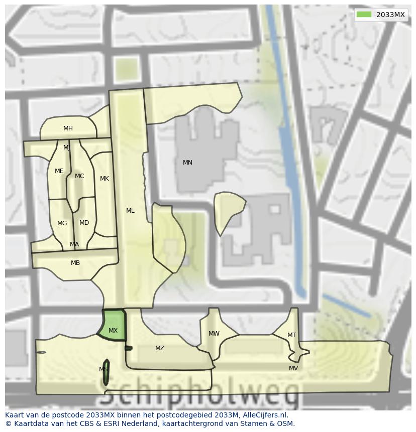 Afbeelding van het postcodegebied 2033 MX op de kaart.