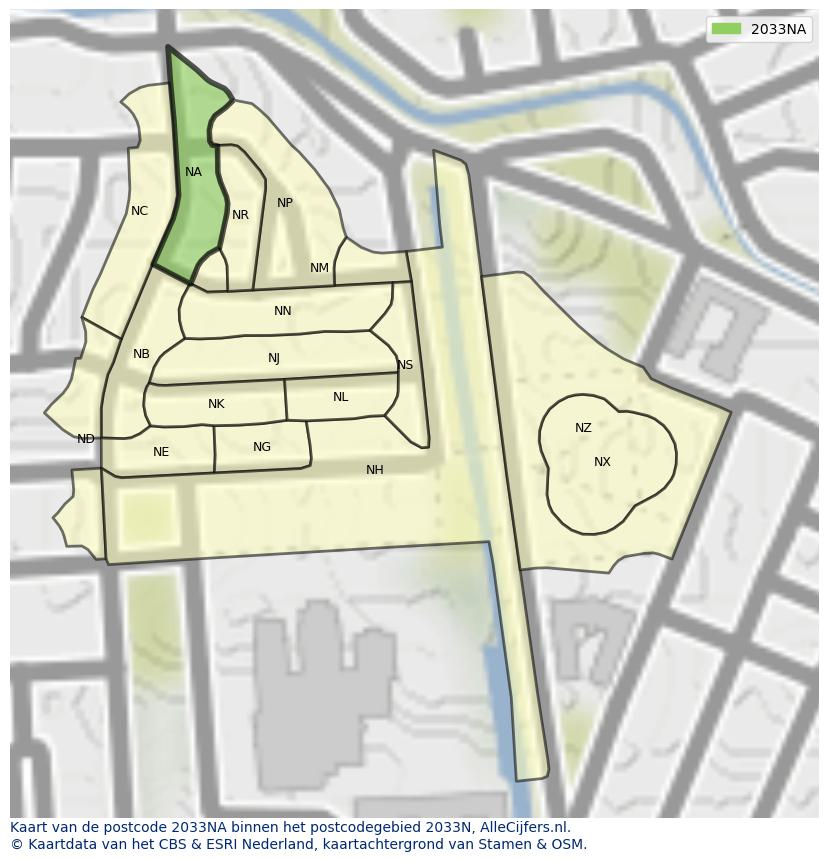 Afbeelding van het postcodegebied 2033 NA op de kaart.