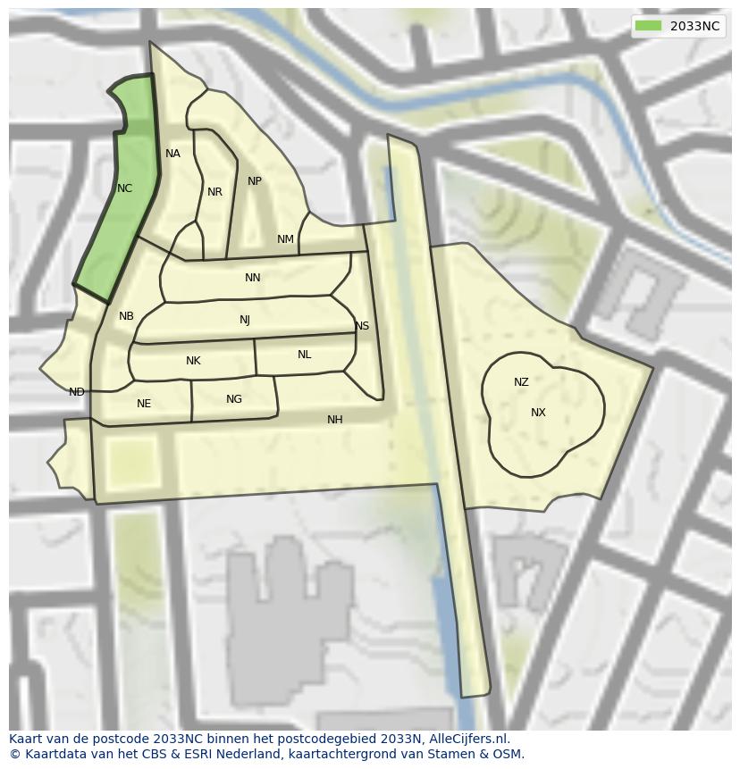 Afbeelding van het postcodegebied 2033 NC op de kaart.