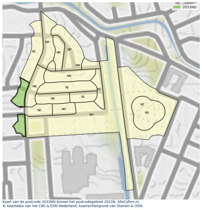 Afbeelding van het postcodegebied 2033 ND op de kaart.