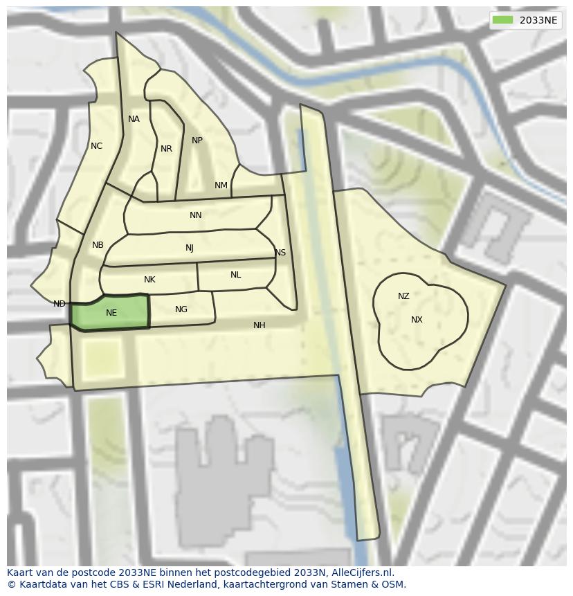 Afbeelding van het postcodegebied 2033 NE op de kaart.