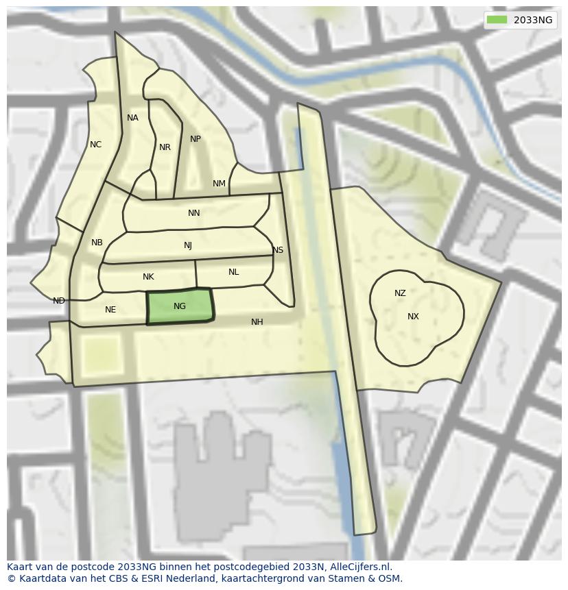Afbeelding van het postcodegebied 2033 NG op de kaart.
