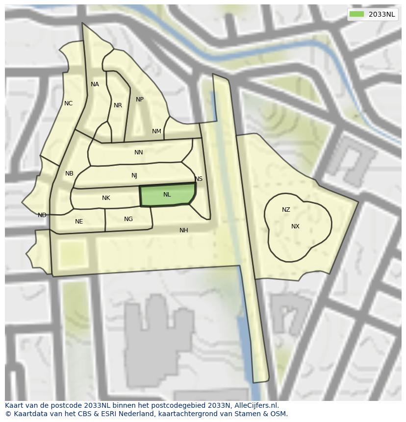 Afbeelding van het postcodegebied 2033 NL op de kaart.