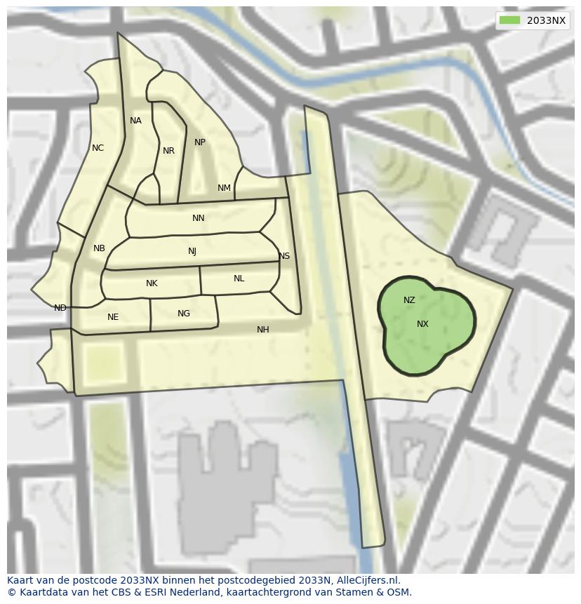 Afbeelding van het postcodegebied 2033 NX op de kaart.