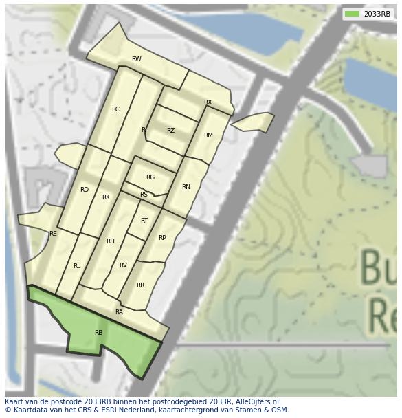 Afbeelding van het postcodegebied 2033 RB op de kaart.